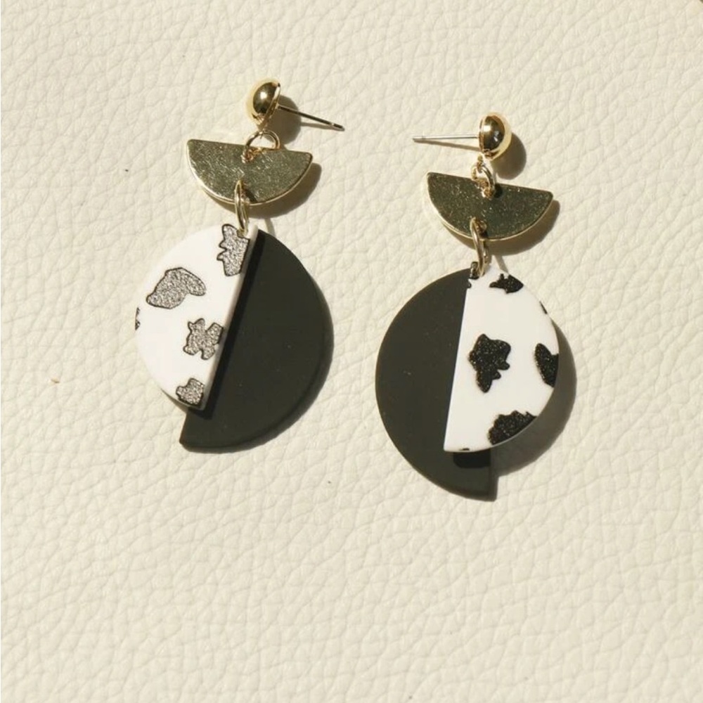 Black and White Polka Dot Semicircle Clay Drop Earrings